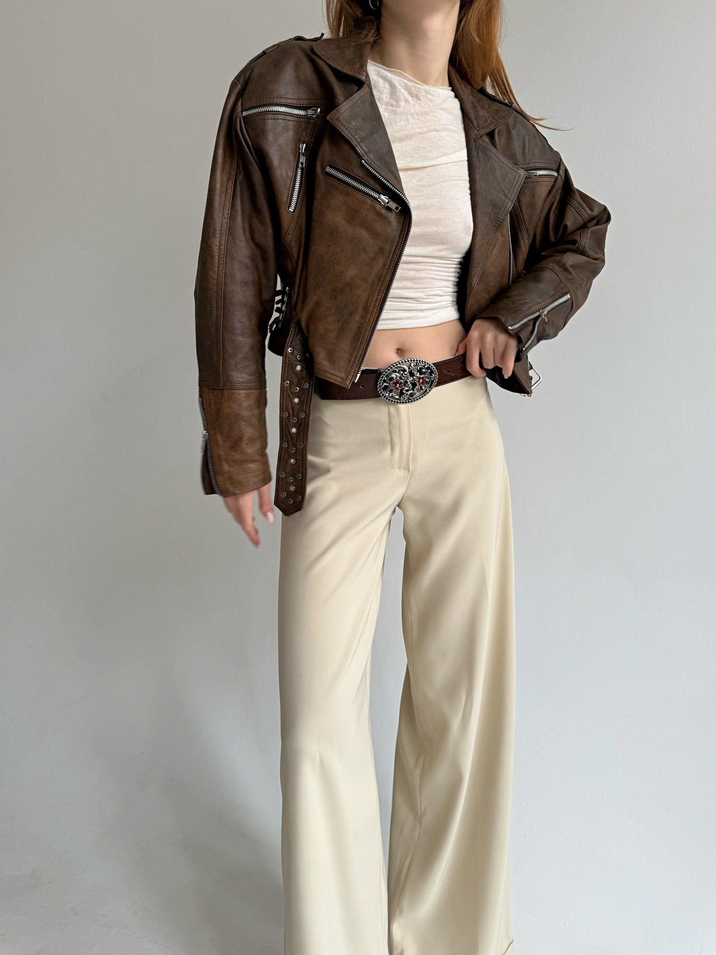 Vintage genuine leather brown waisted jacket