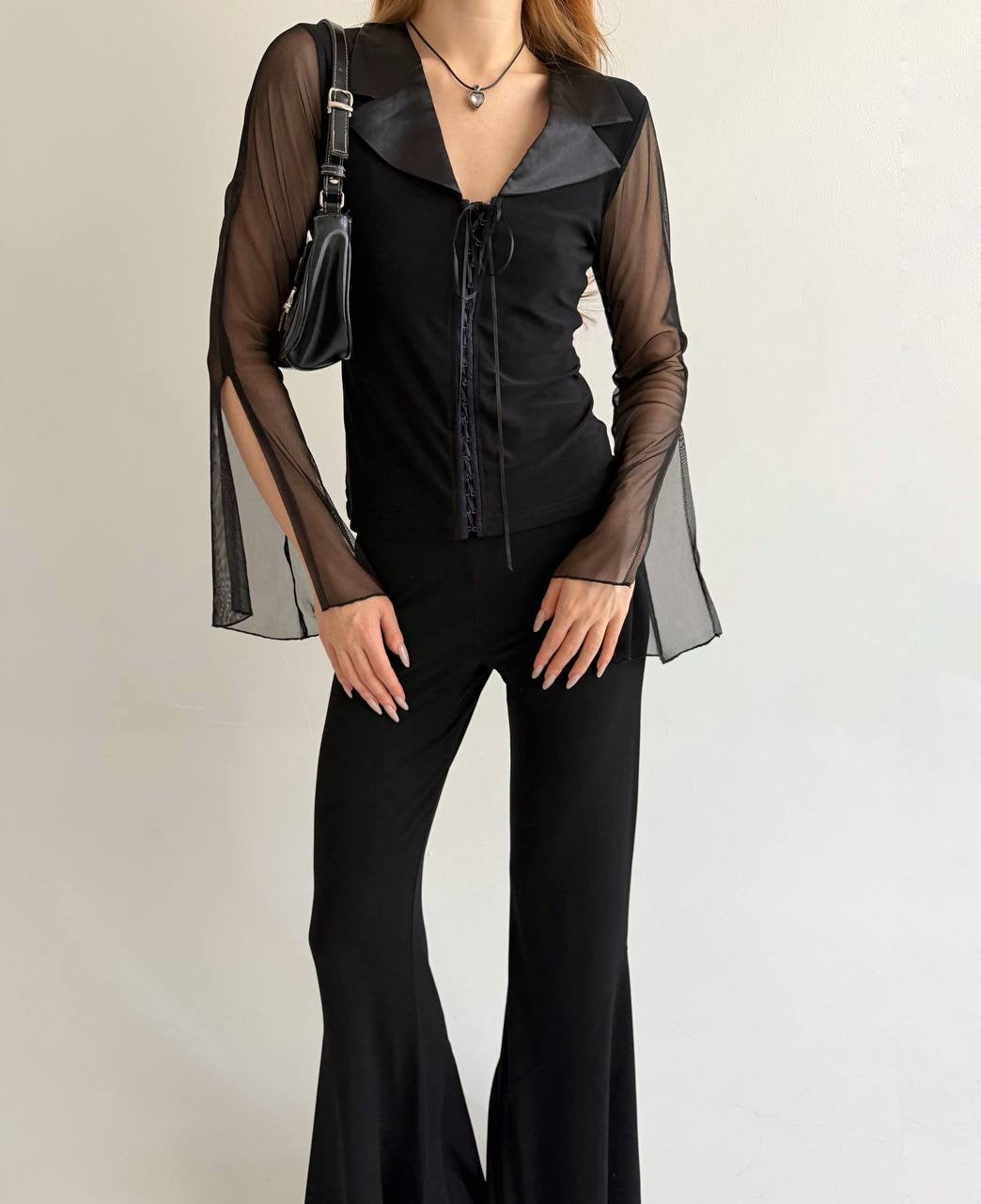 Vintage black blouse with sheer sleeves