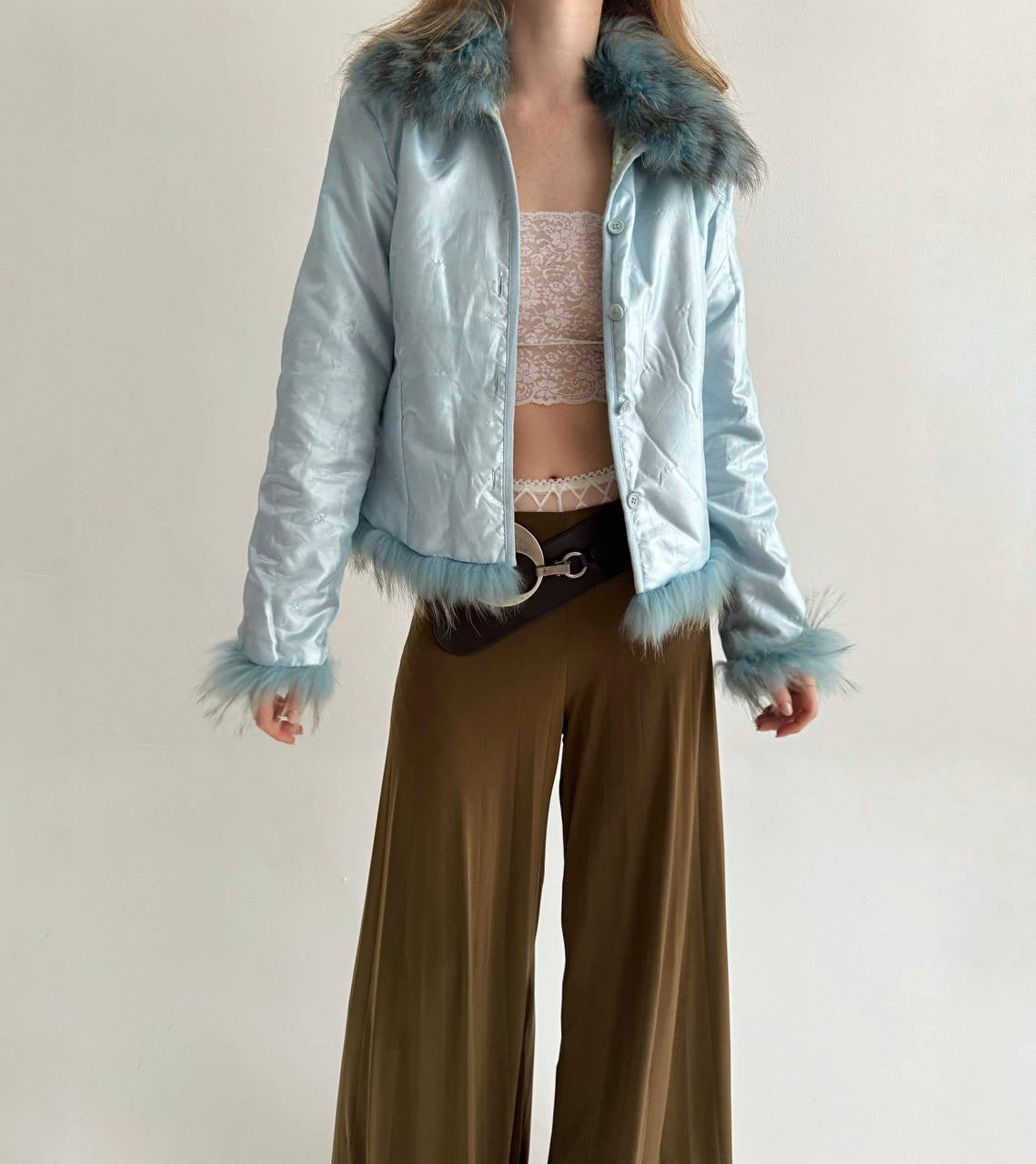Vintage baby blue satin jacket with mixed faux