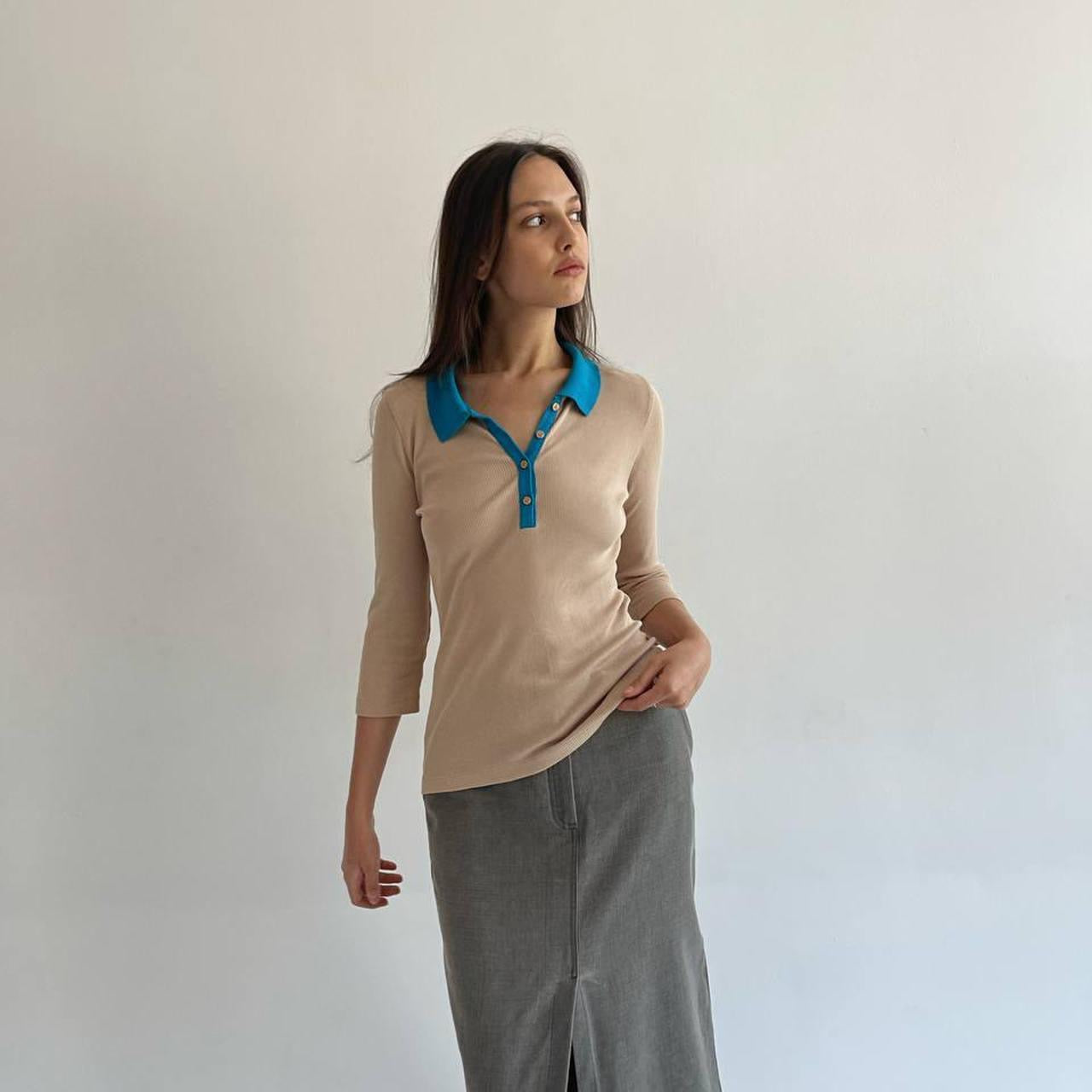 Vintage Escada beige blouse with turquoise collar