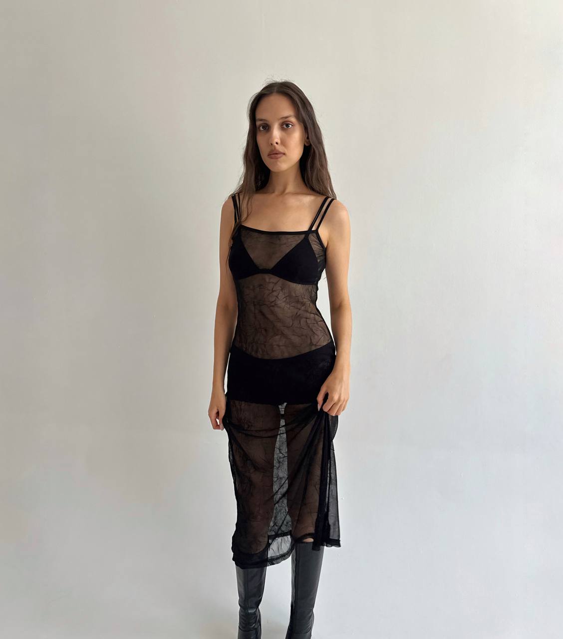 Vintage mesh crinkle fabric dress