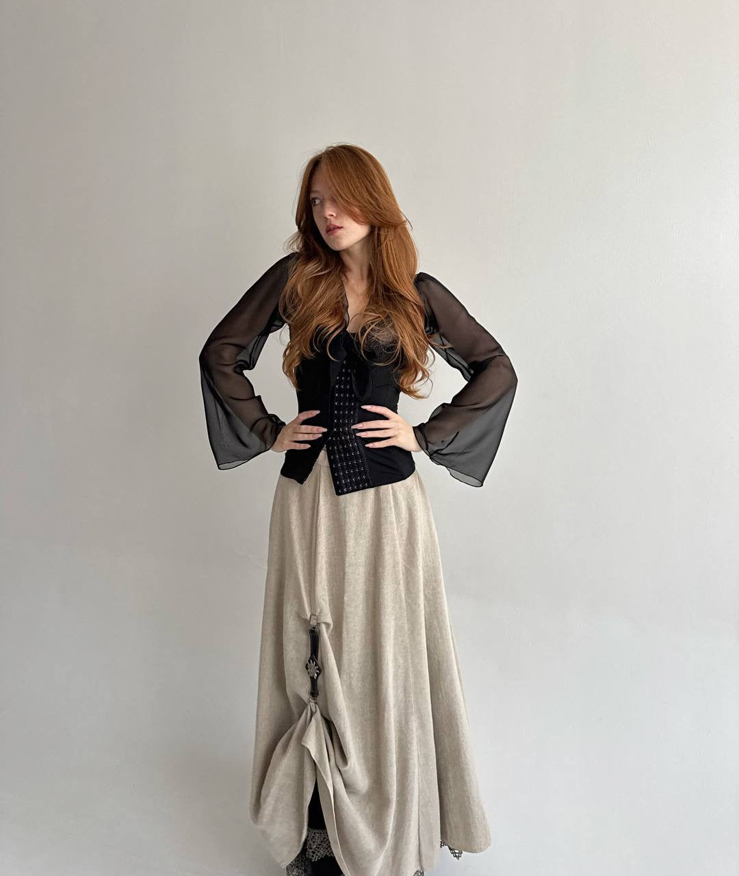 Vintage bavarian 100% linen beige long skirt