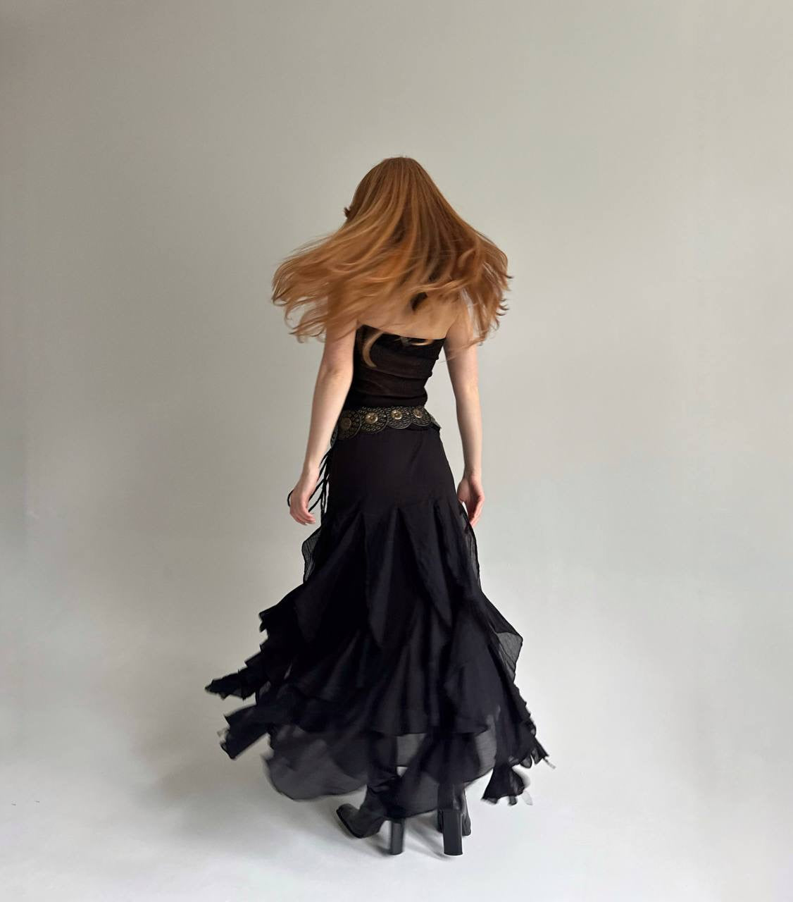 Vintage cotton black ruffled maxi skirt