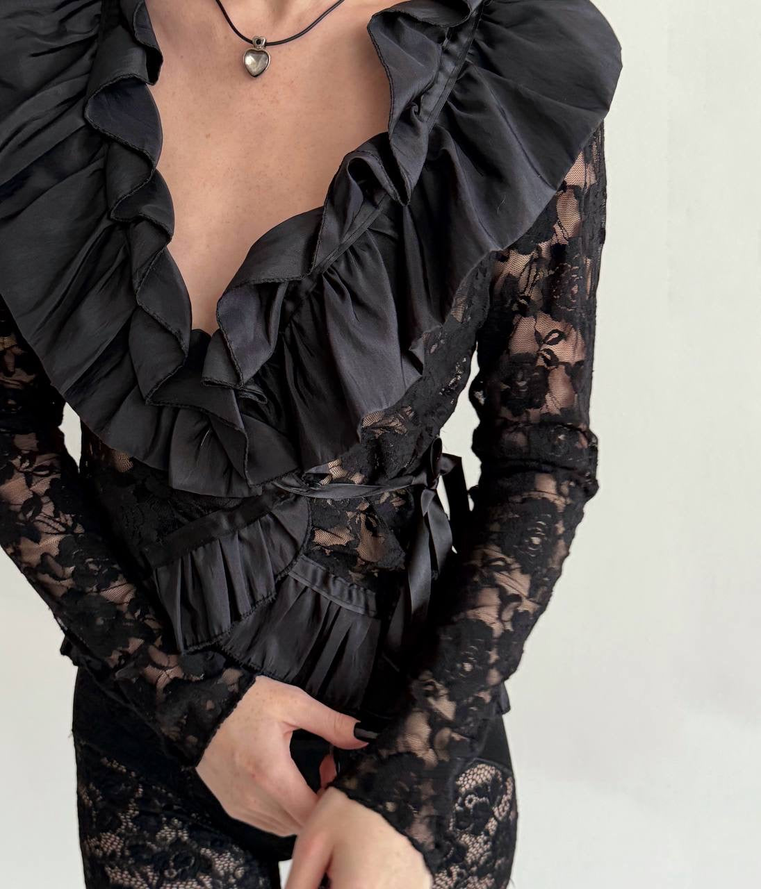 Vintage black lace blouse with ruched ruffles