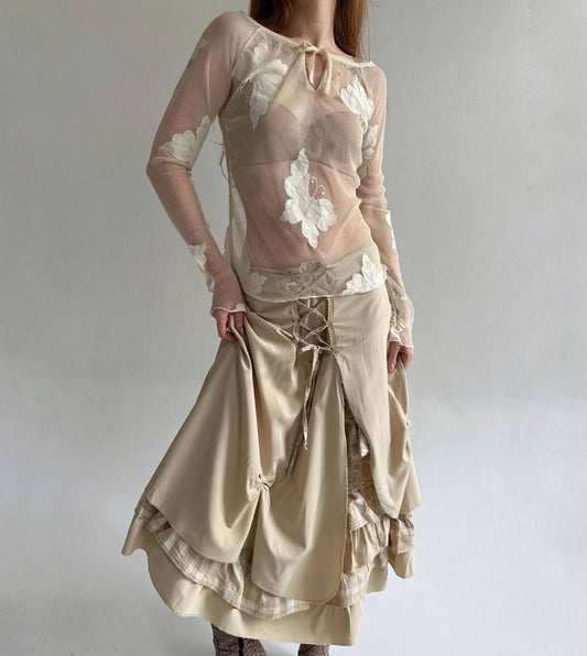 Vintage cream mesh transparent blouse with butterflies