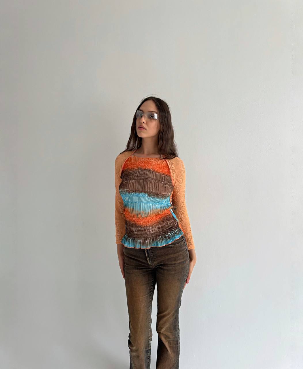 Vintage orange tie dye gathered lace top