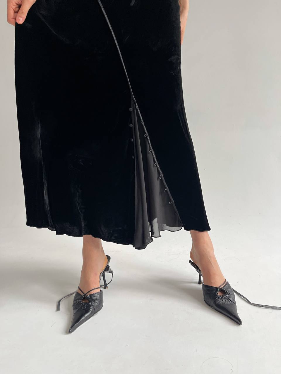 Y2K silk blend velour maxi skirt with decorative buttons