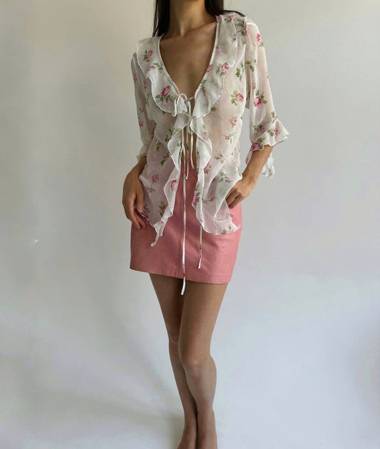 Vintage ruffled blouse with pink roses print