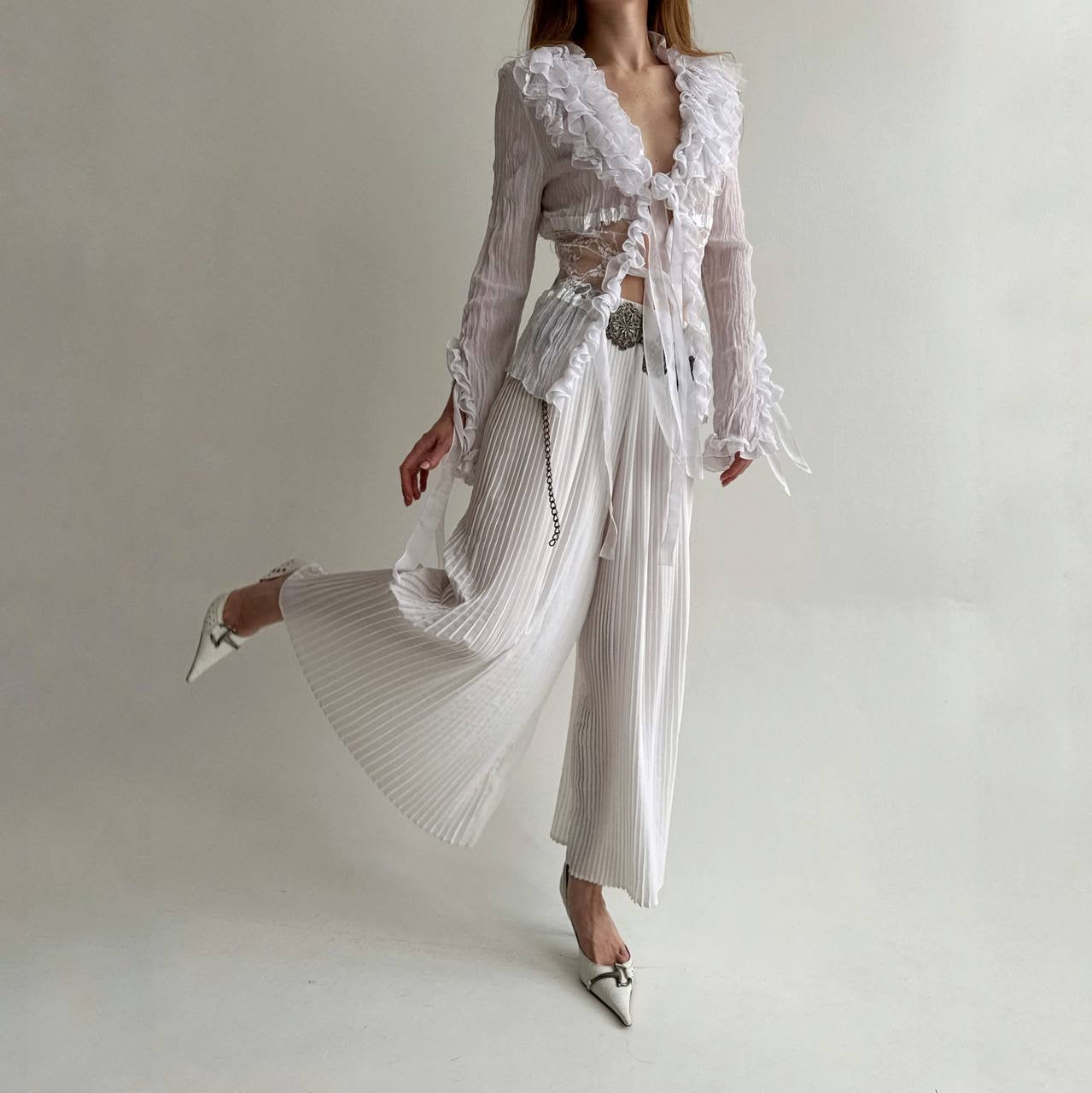 Vintage pleated white long wide pants