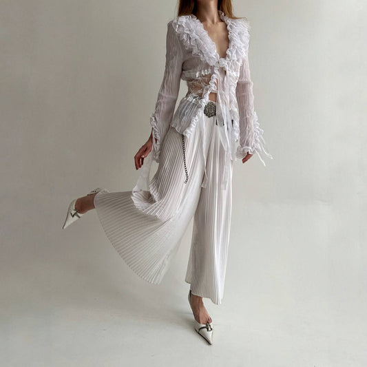 Vintage pleated white long wide pants