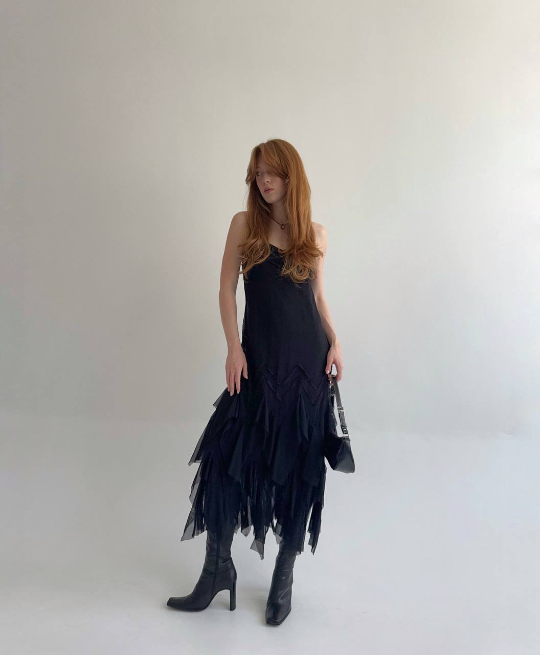 Y2K black asymmetrical slip dress