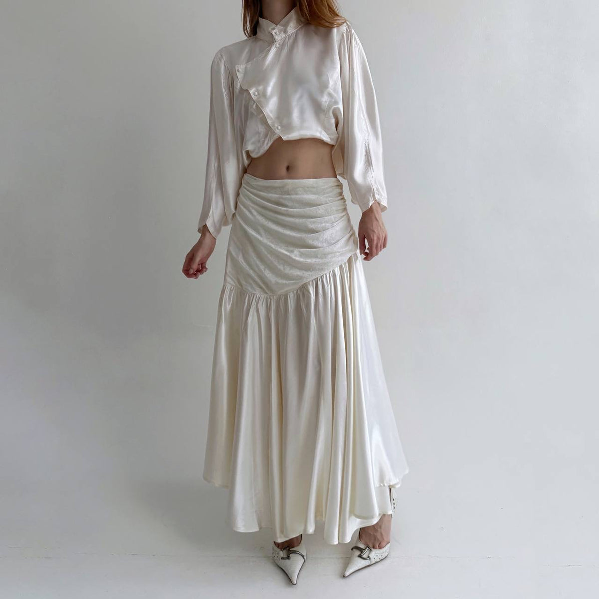 Vintage cream white maxi skirt with lace and eyelet fabric