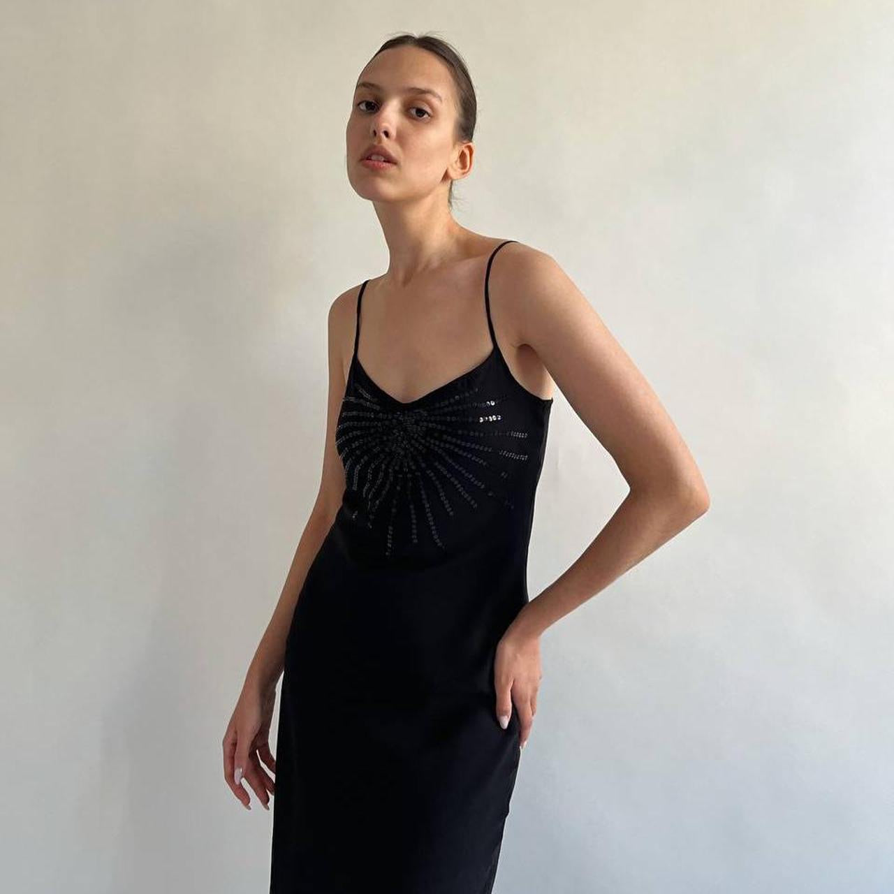 Vintage silk black slip dress with sequins