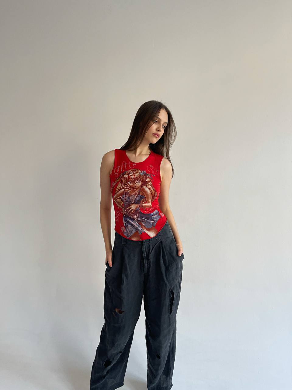 Vintage y2k anime printed red sleeveless top