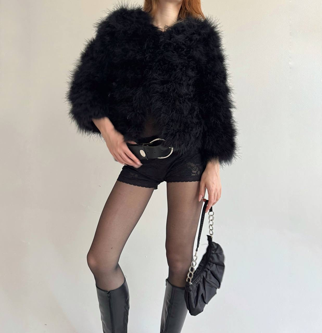Vintage real feather black chic jacket