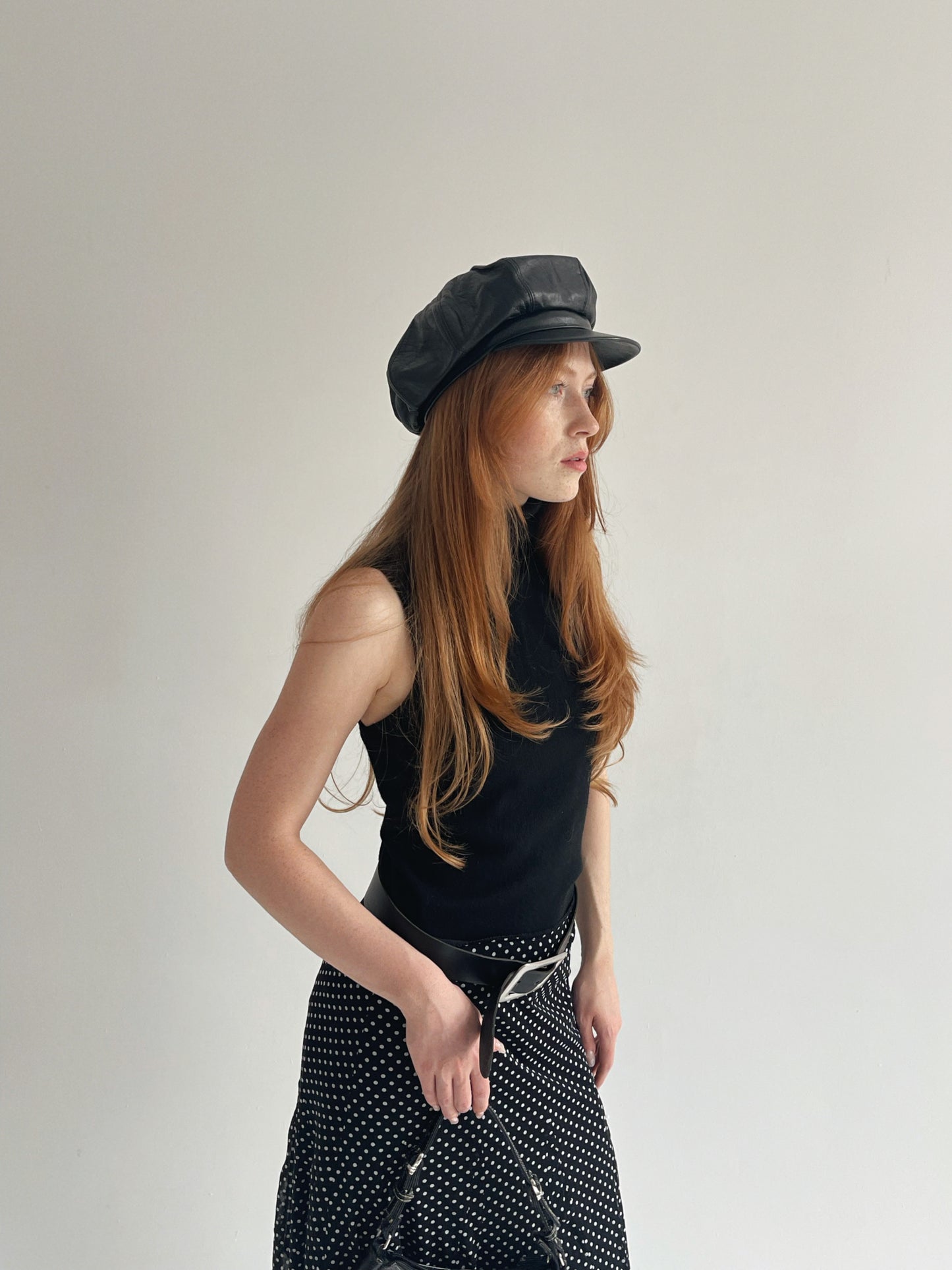 Vintage genuine leather black newsboy cap