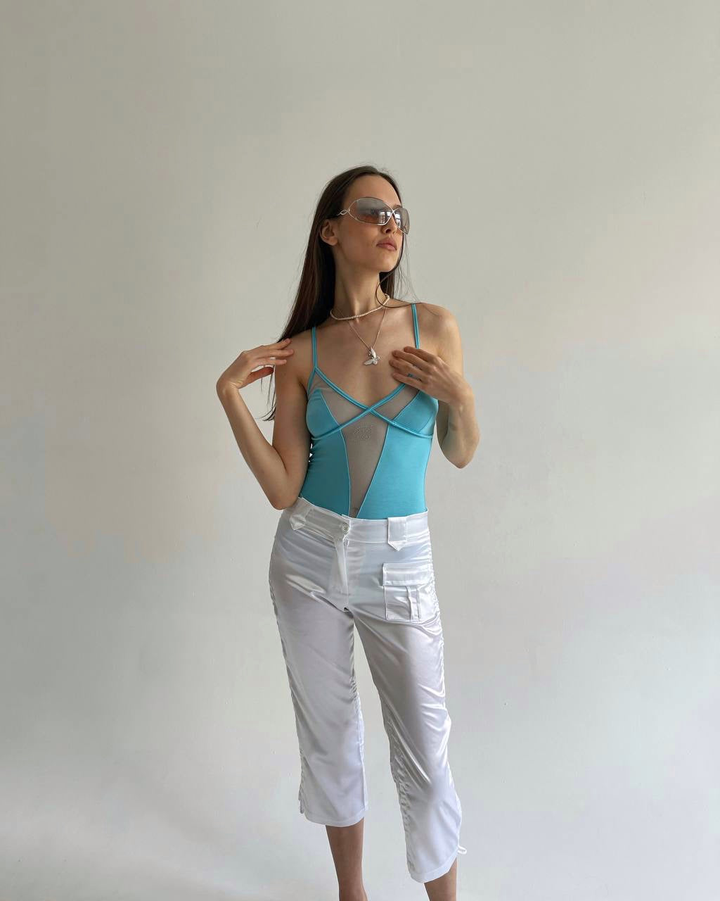 Vintage white satin capris with side gathering