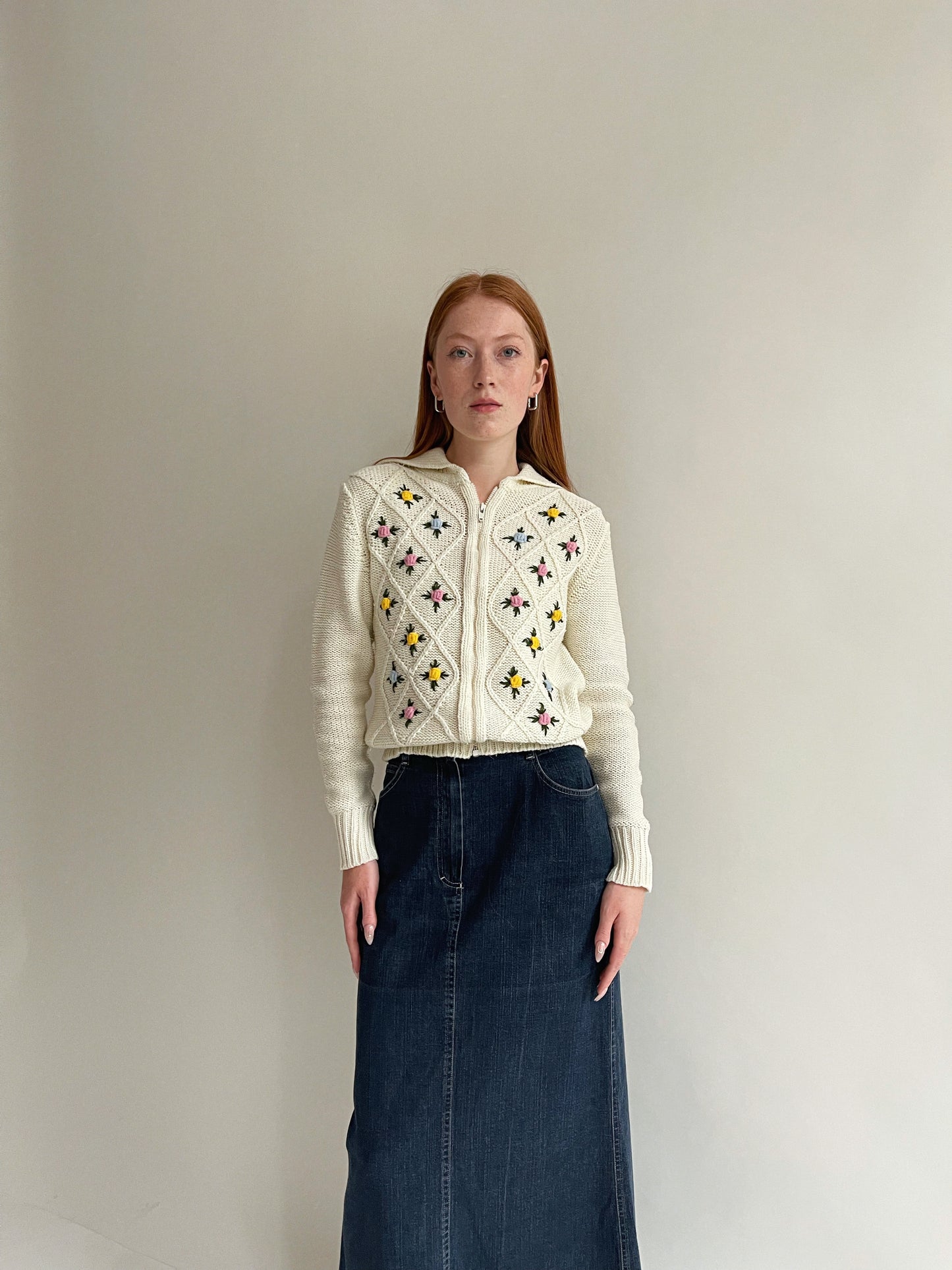 Vintage cottagecore cream knitted warm cardigan