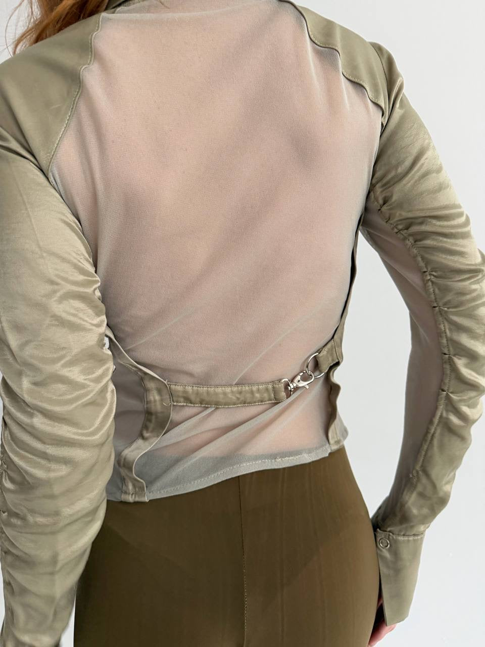 Vintage viscose olive green satin button-up blouse