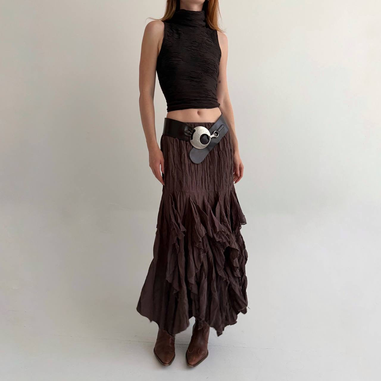 Vintage brown asymmetrical long skirt
