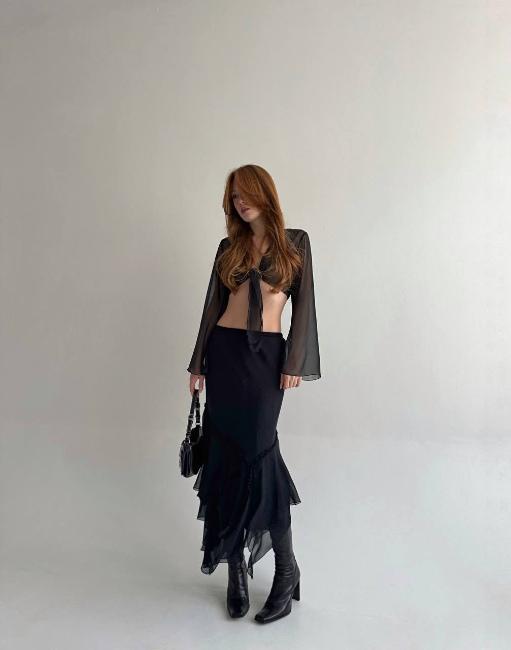 Vintage viscose black asymmetrical layered bottom skirt with ruched detail