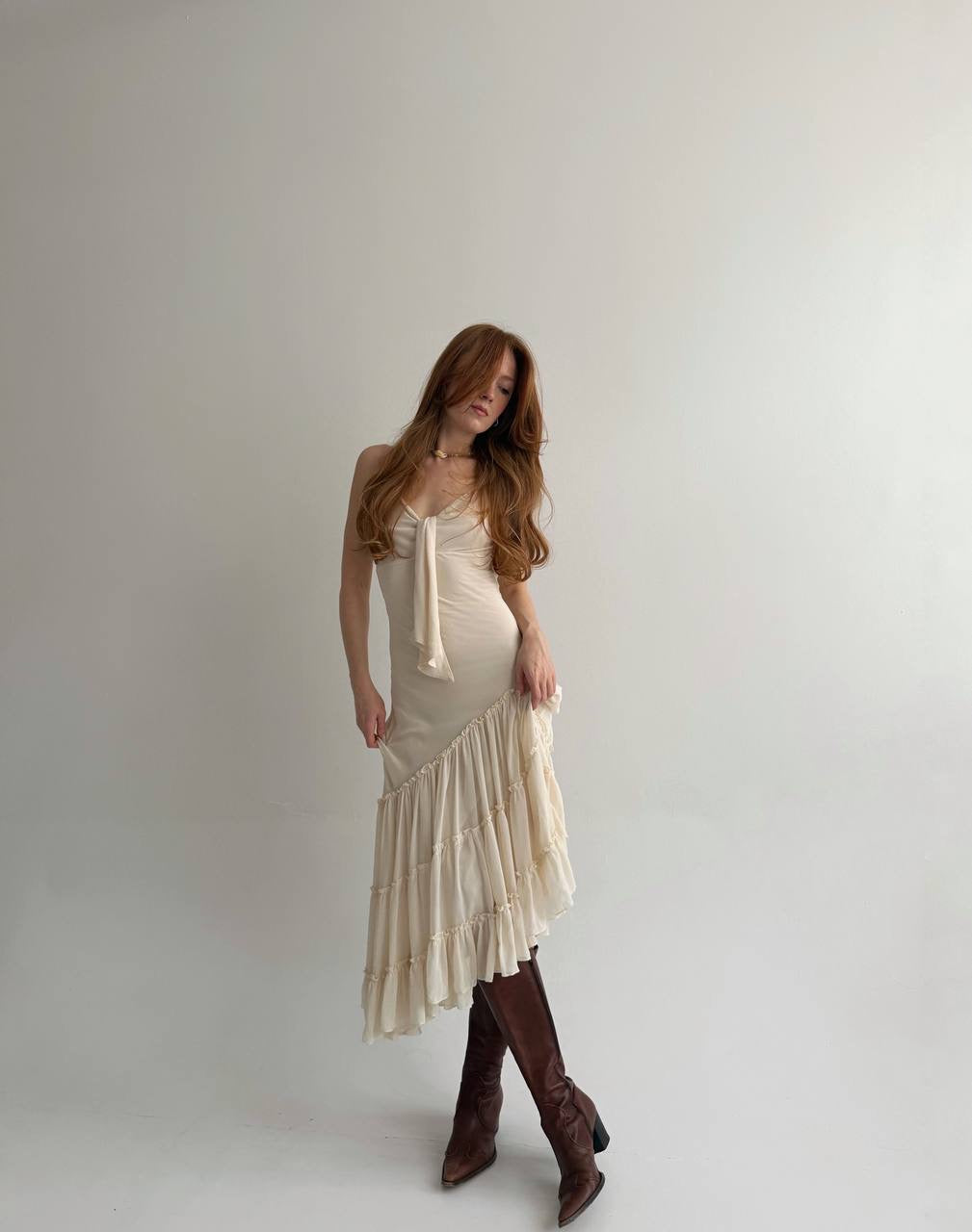 Vintage asymmetrical dress with pleated ruched bottom