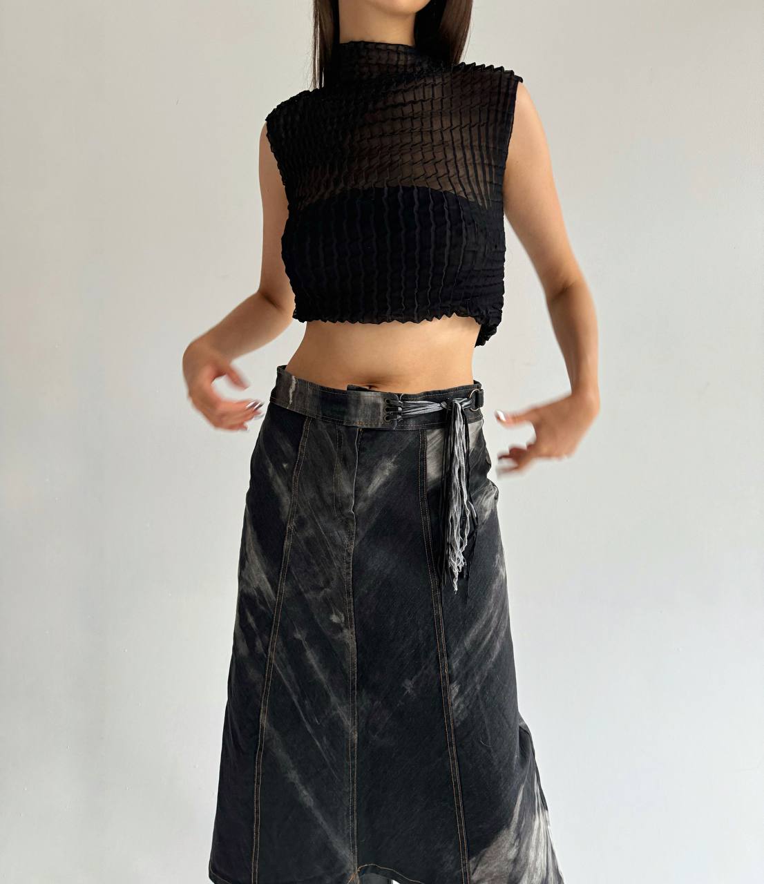 Vintage washed denim asymmetrical midi skirt