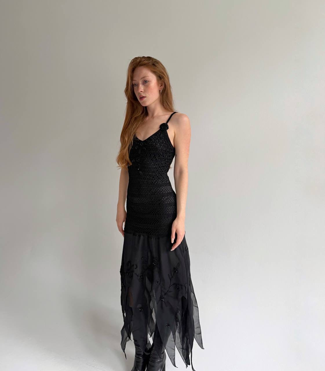 Vintage black 100% rayon asymmetrical long dress
