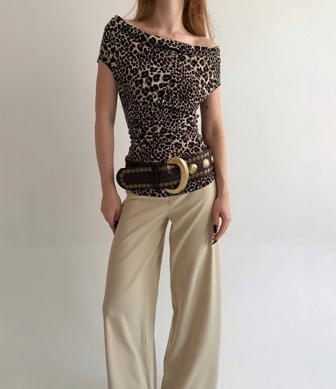 Y2K leopard print draped blouse