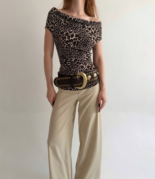 Y2K leopard print draped blouse