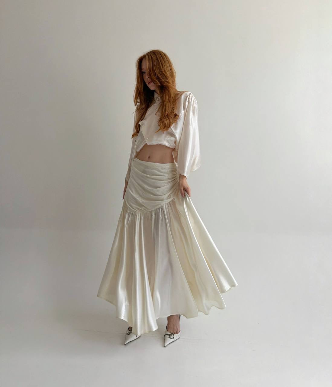 Vintage cream white maxi skirt with lace and eyelet fabric