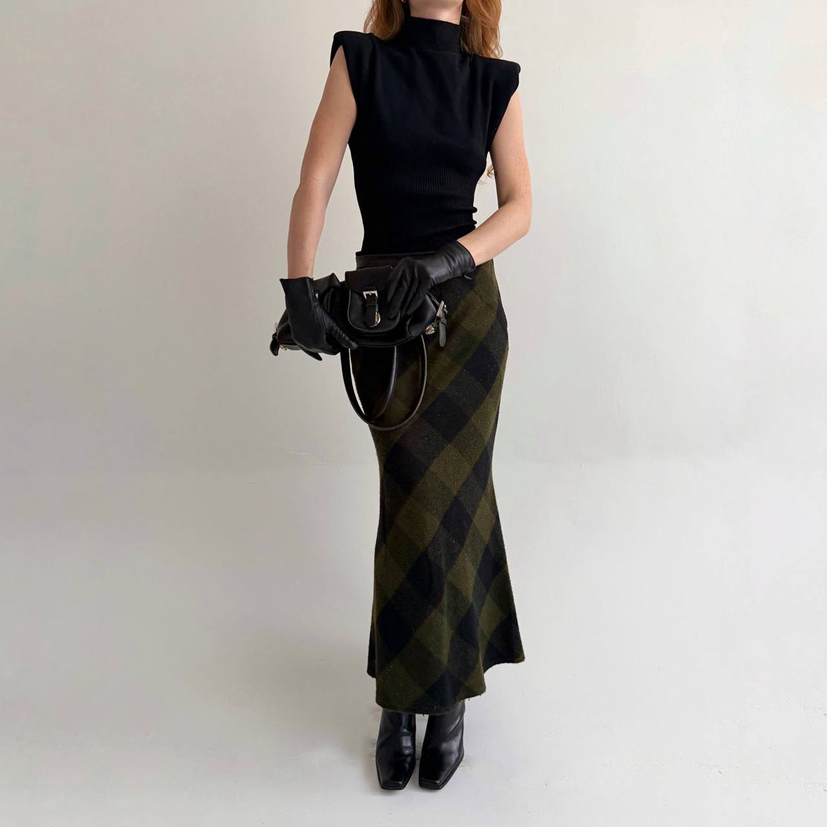 Vintage dark green khaki checked maxi skirt