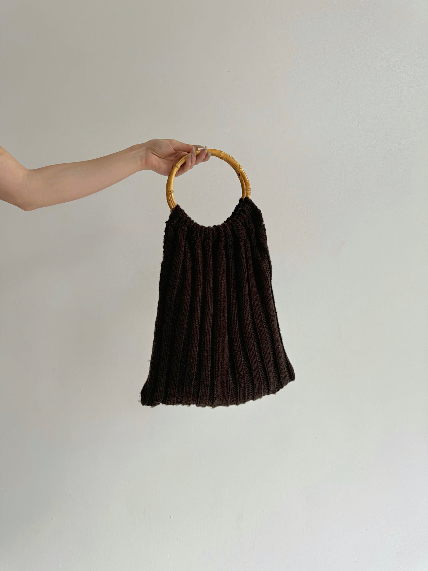 Vintage dark brown knitted hobo bag with bamboo round handle