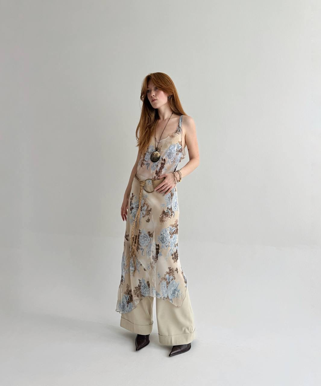 Vintage asymmetrical flower print maxi dress