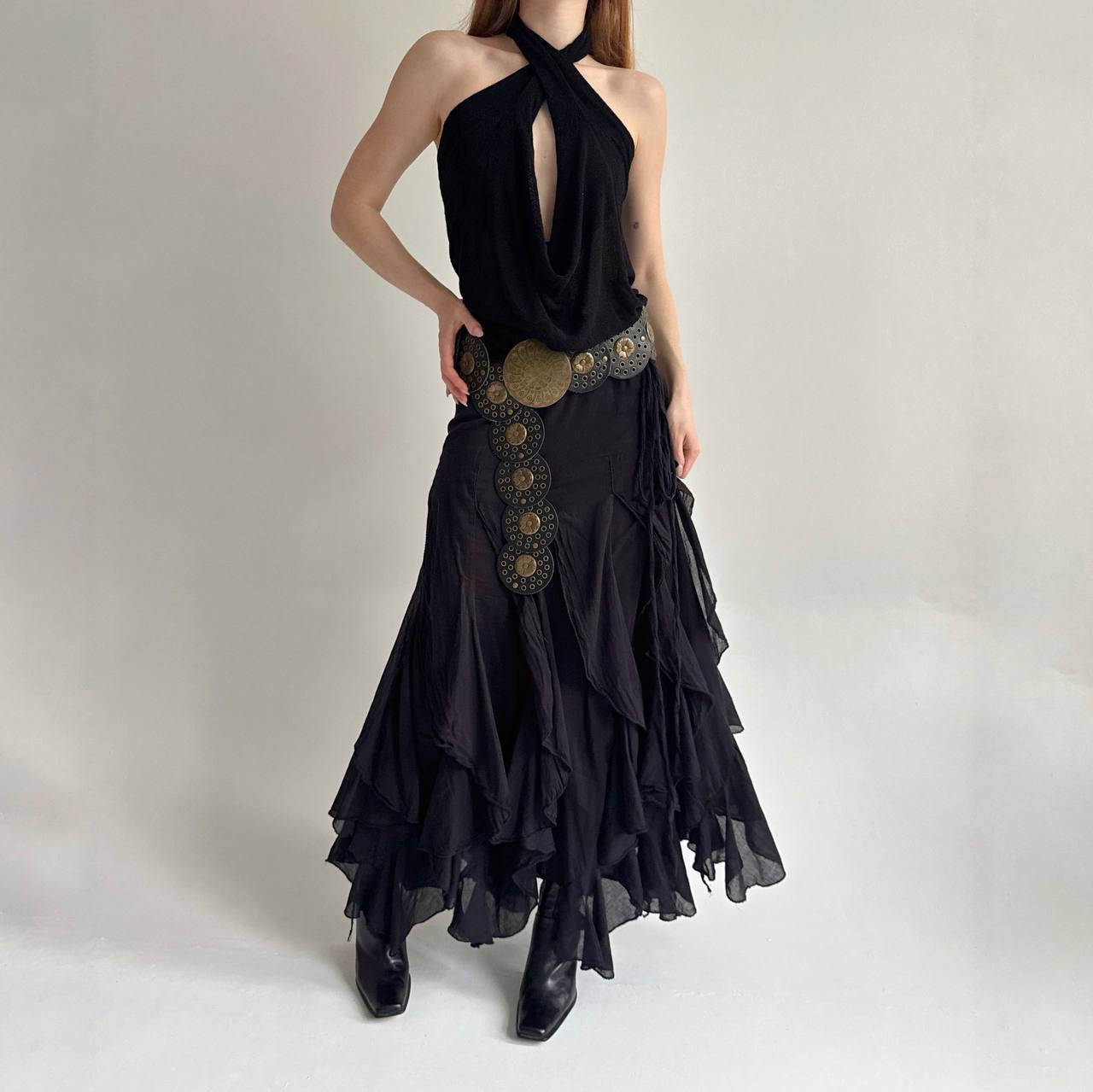 Vintage cotton black ruffled maxi skirt