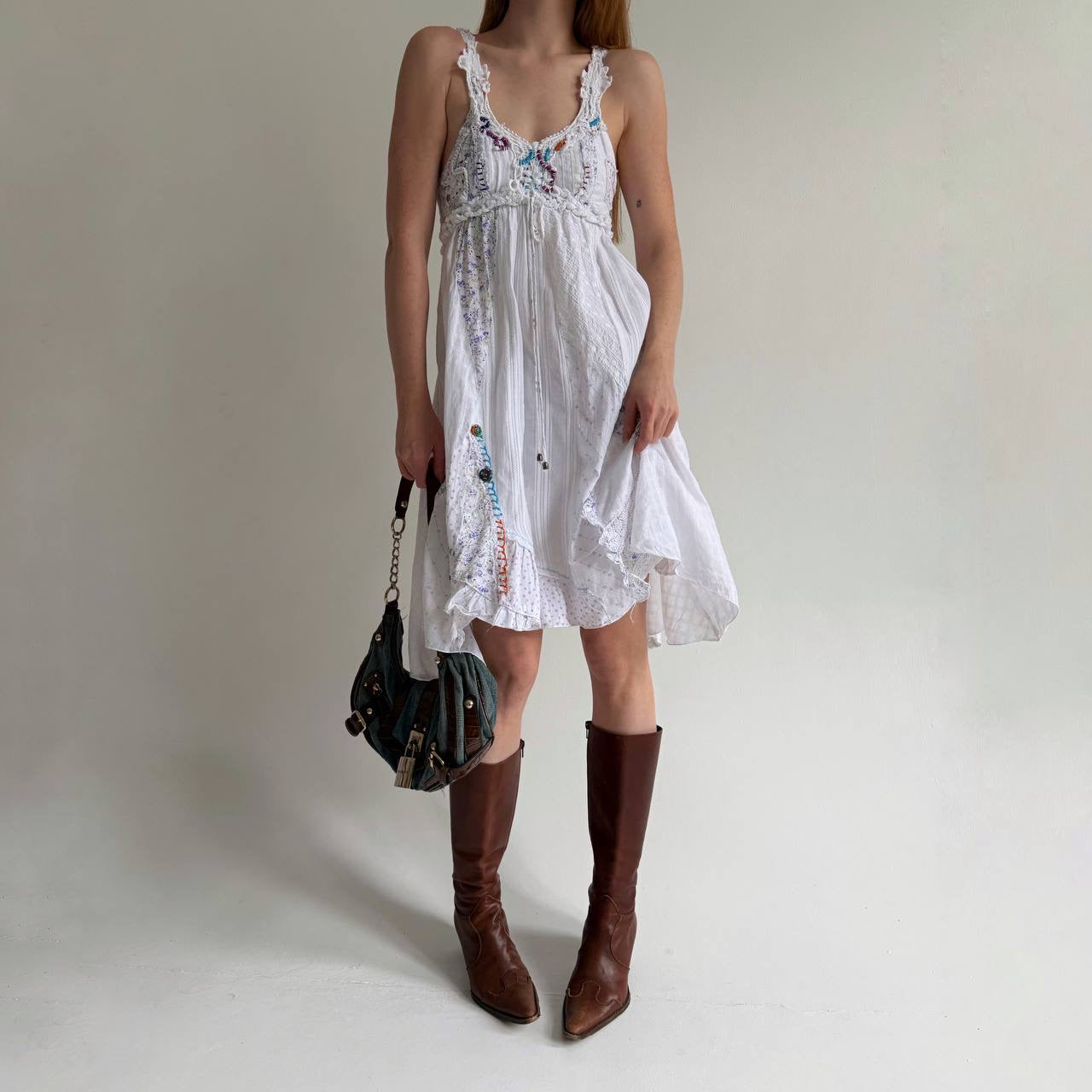 Vintage asymmetrical cotton dress with abstract embroidery