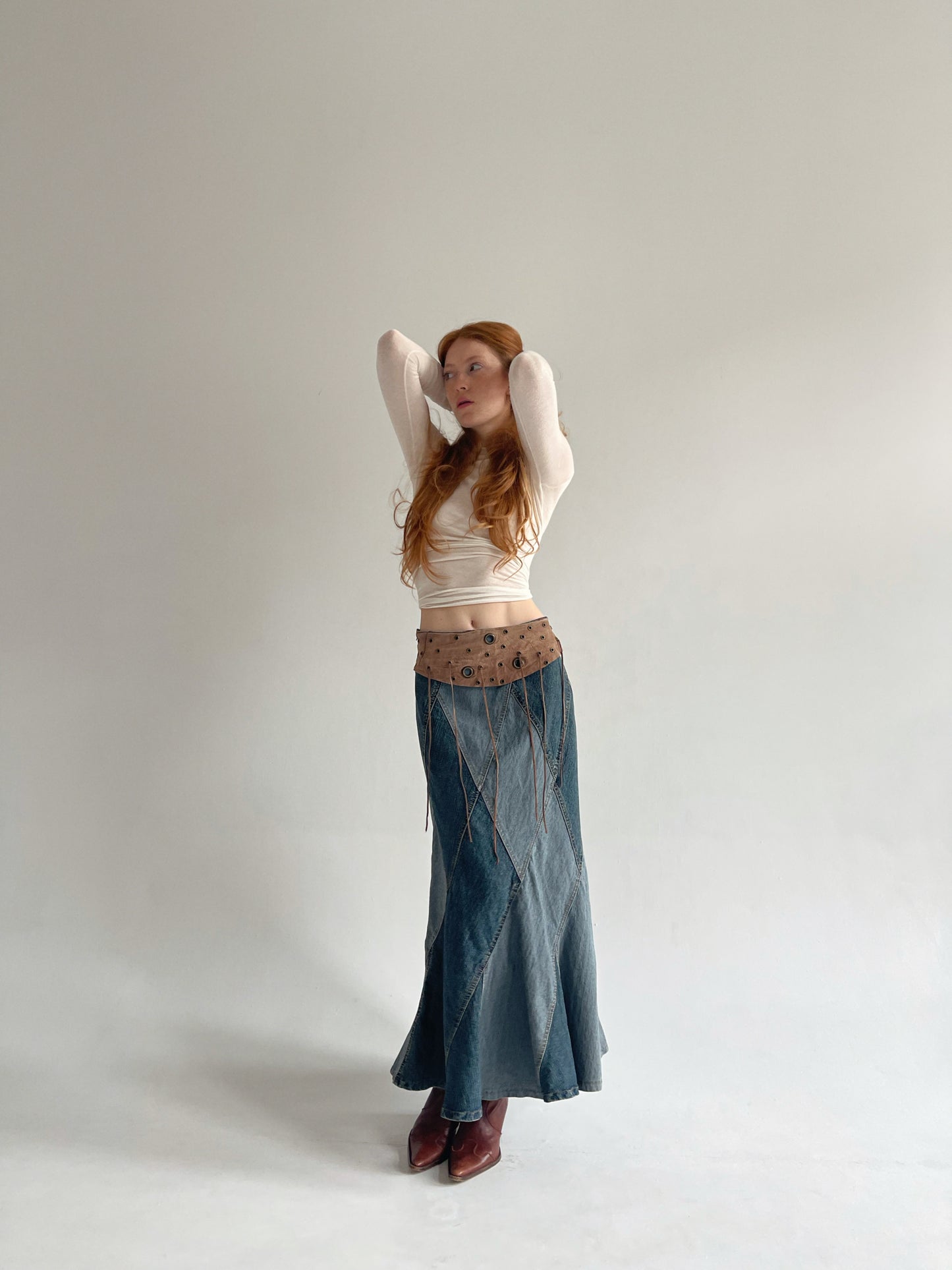 Vintage denim maxi skirt with leather waist part