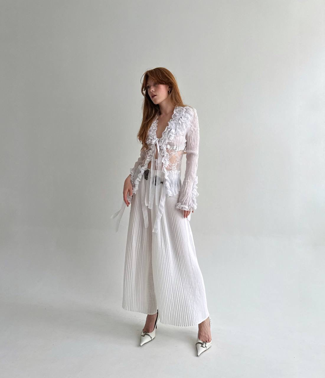 Vintage pleated white long wide pants