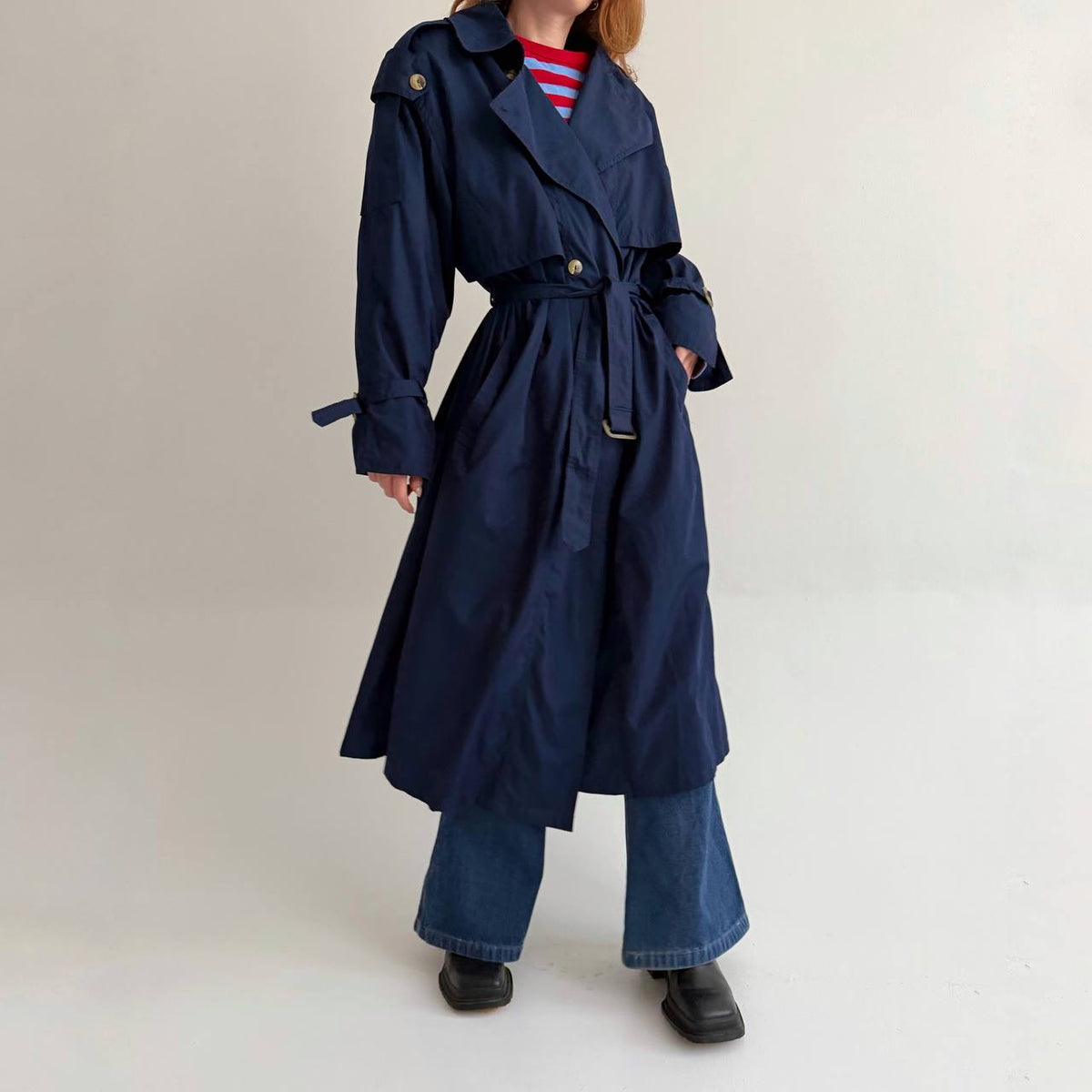Vintage navy blue cotton blend trench coat
