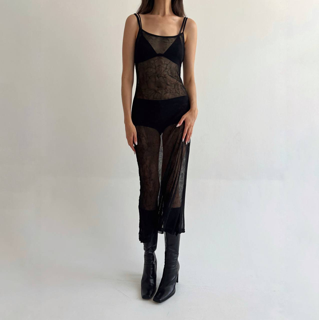 Vintage mesh crinkle fabric dress
