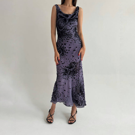Vintage pure silk purple velvet print dress