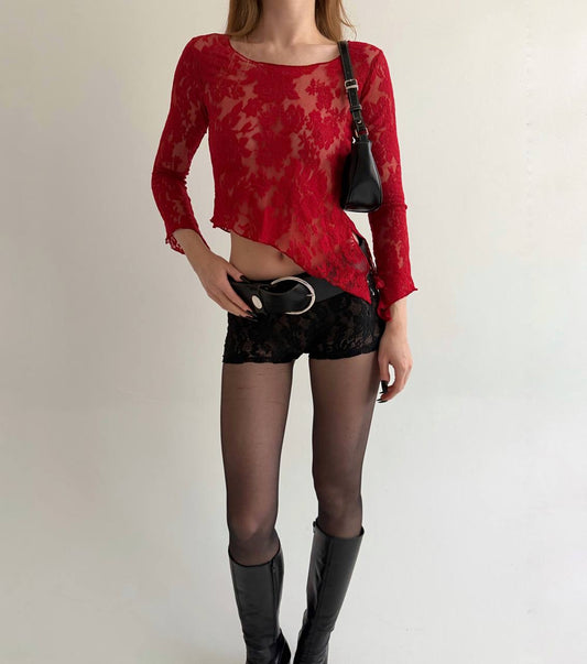 Vintage red mesh asymmetrical blouse