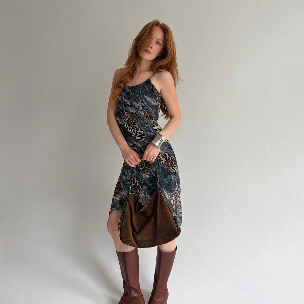 Vintage leopard and denim print midi dress