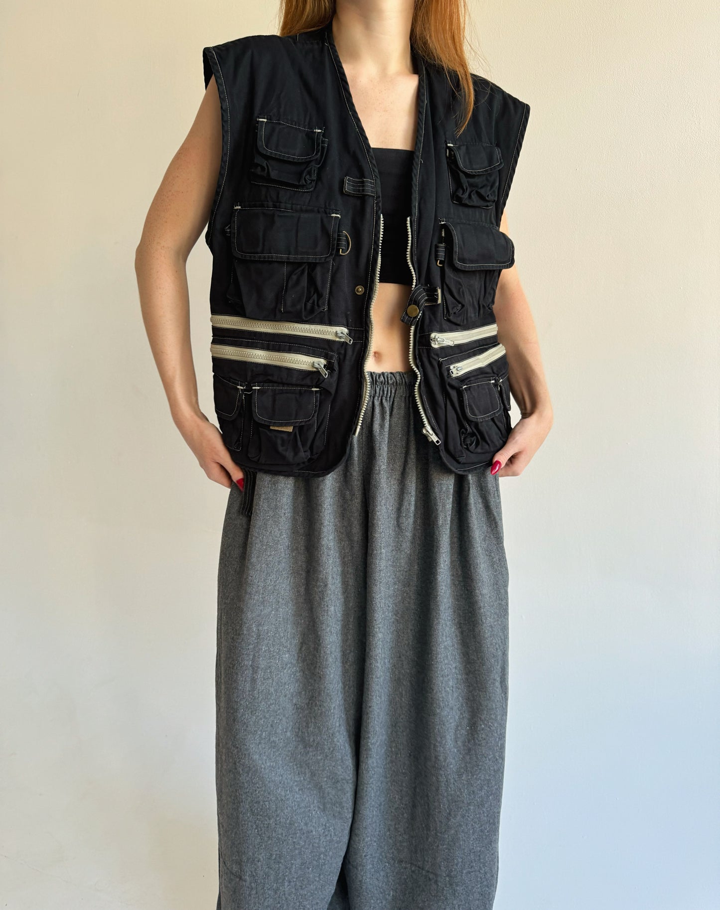 Vintage cotton black oversized fisherman vest