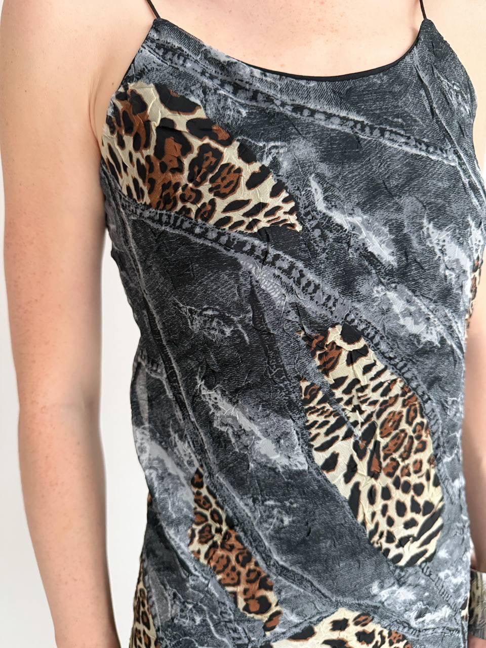Vintage leopard and denim print midi dress