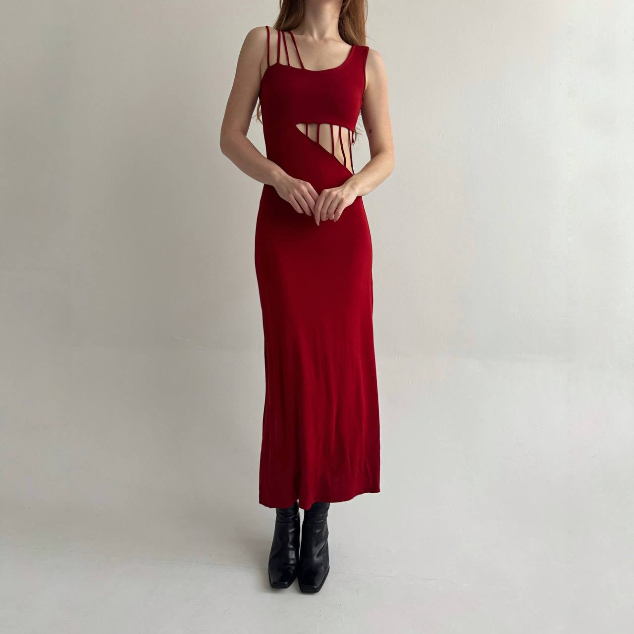 Vintage red long dress with cuts