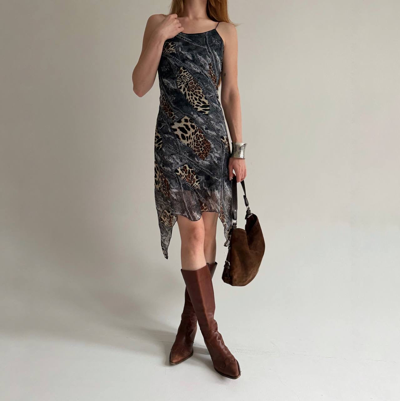 Vintage leopard and denim print midi dress