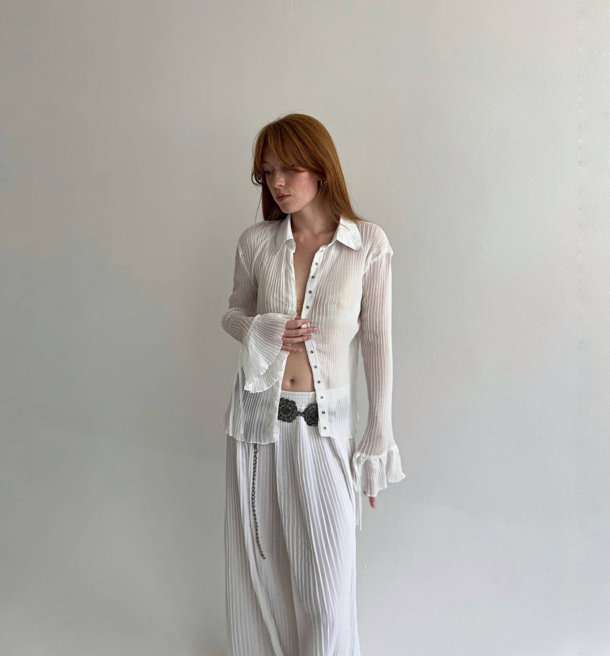 Vintage semi white pleated blouse