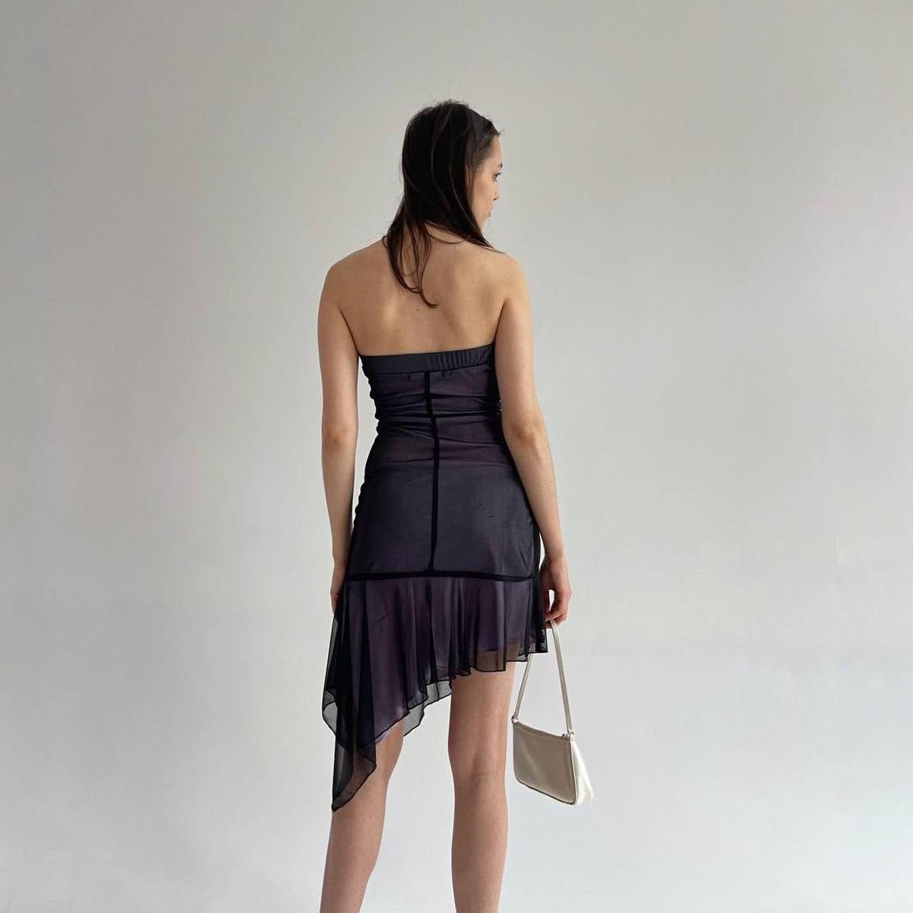 Vintage asymmetrical mesh shell dress with flower appliqué