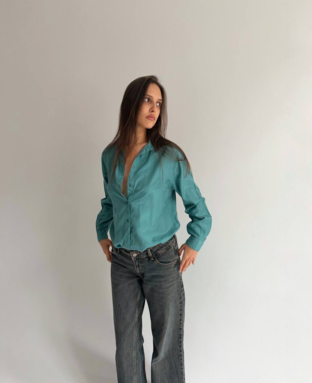Vintage turquoise pure silk blouse